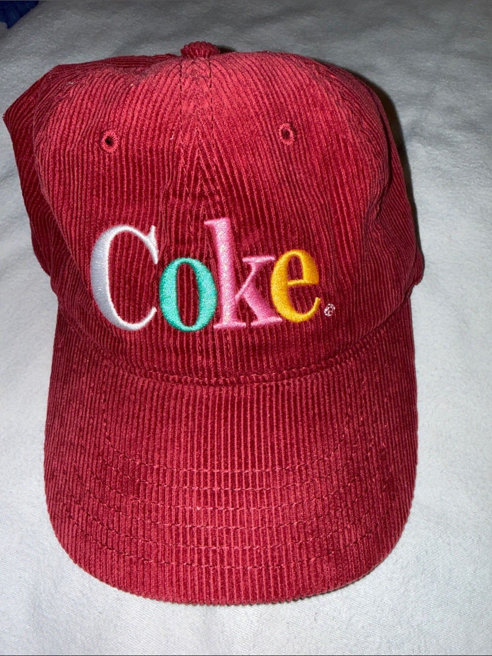 Coca Cola Red Corduroy Cap with Multicolor Coke Embroidery